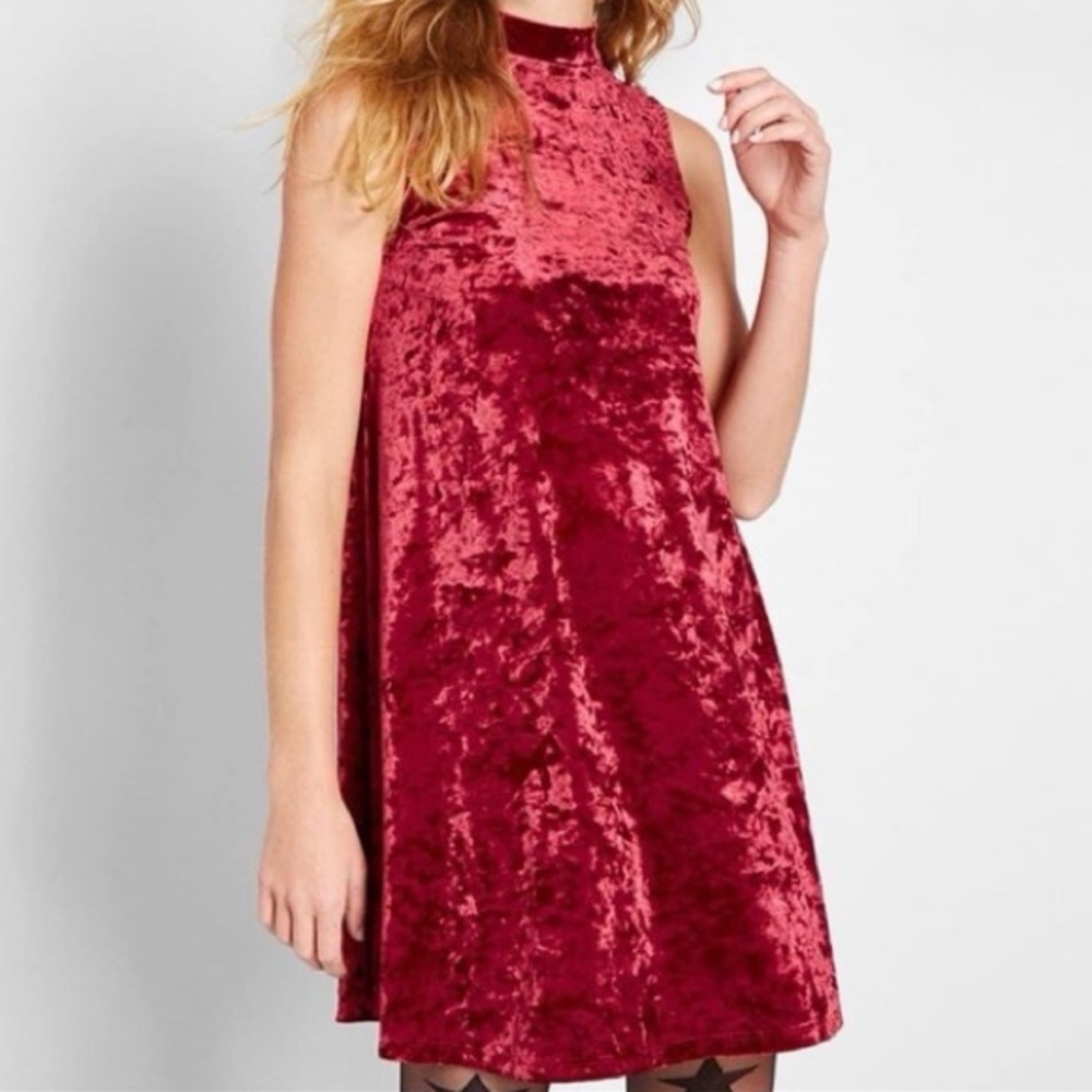 ModCloth Pure Luxe Holiday Burgundy Cranberry Red Velvet High Neck Swing Dress